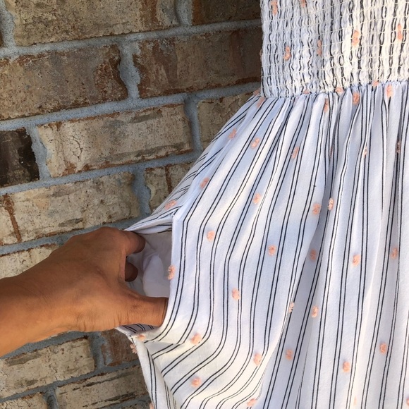 Loft Cotton Blend Clip Stripe Smocked Ruffle Pockets Lined Breeze Midi Dress S - Picture 4 of 16